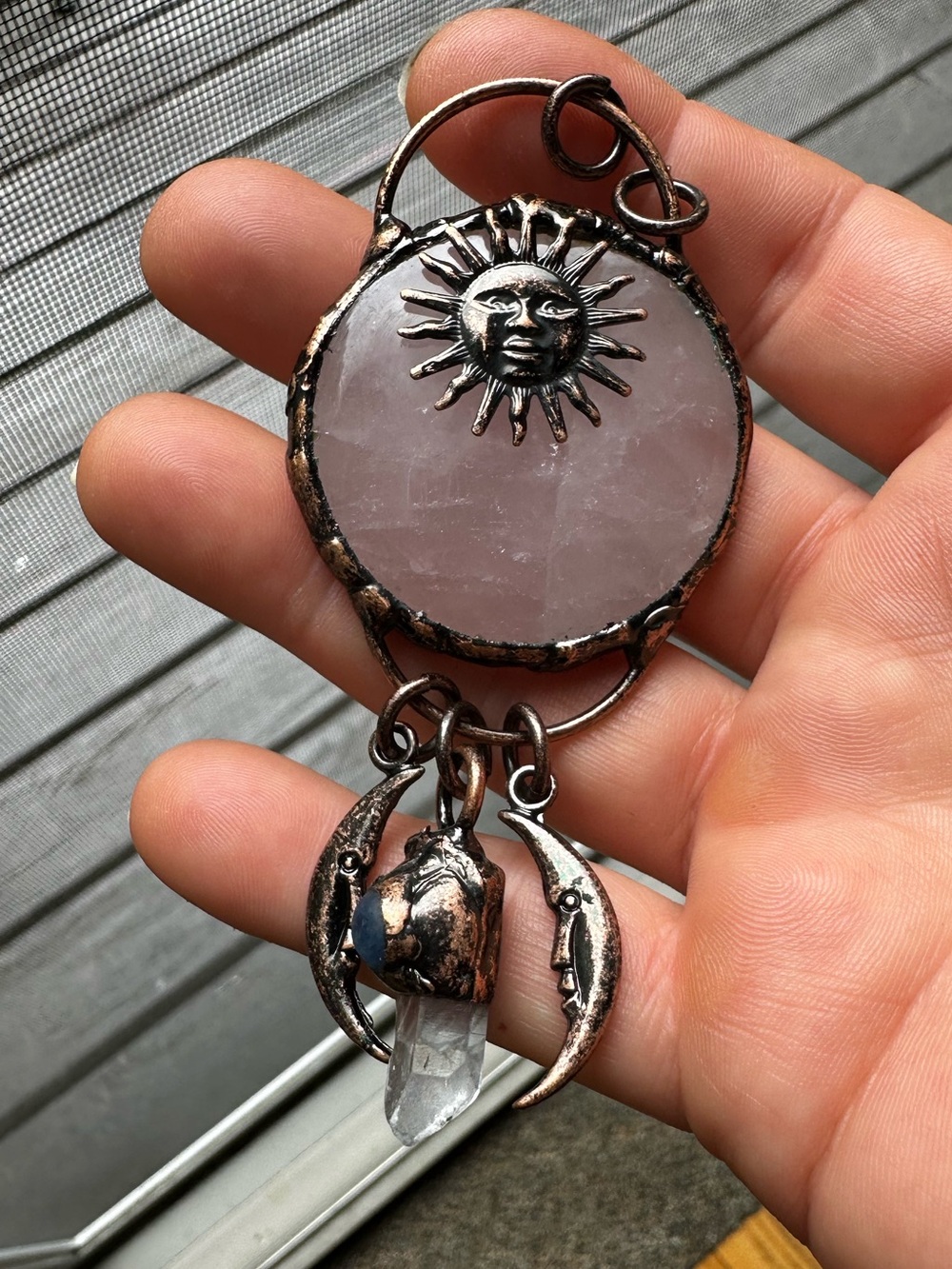 Rose Quartz Sun & Moon Pendant Necklace with Copper Accents - Picture 8 of 9